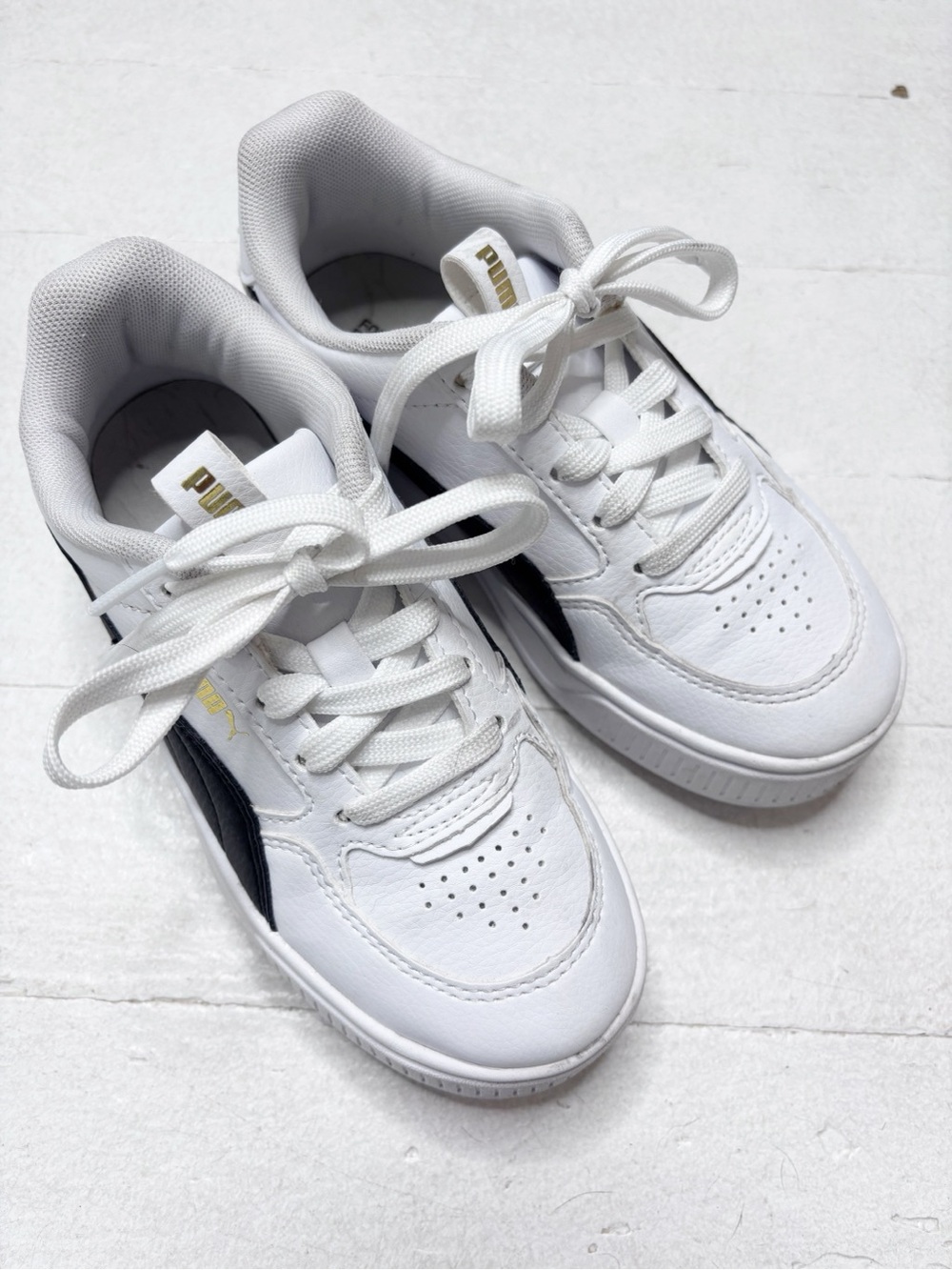 Puma Karen Rebelle Platform Sneakers White Black Gold Girls Size 13 EUC